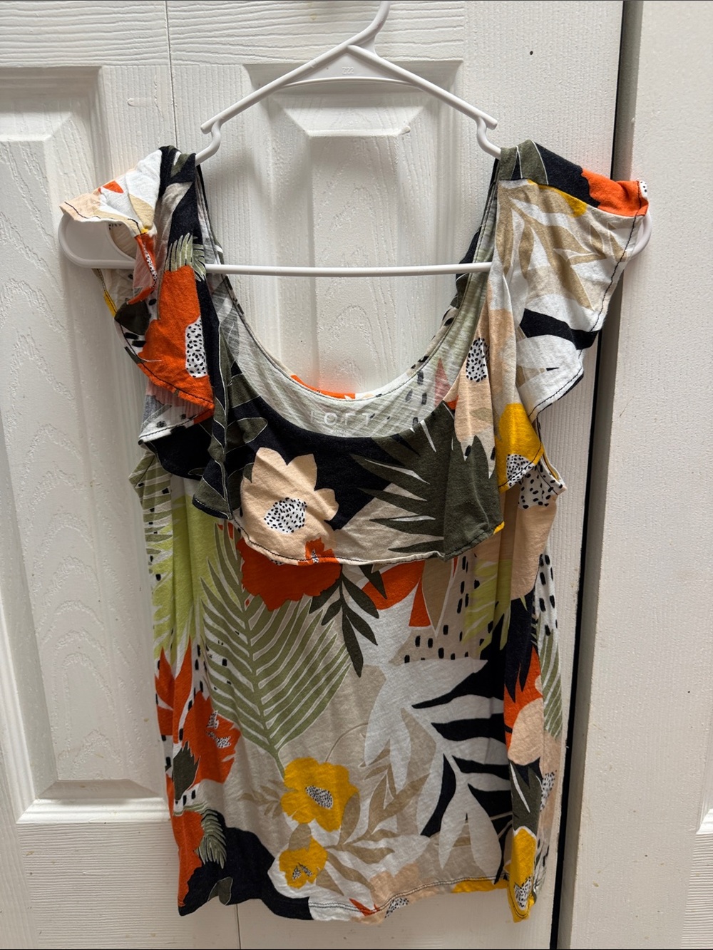 LOFT Floral Ruffle-Sleeve Tank Top - Orange, Yellow, Olive, Black, Cream